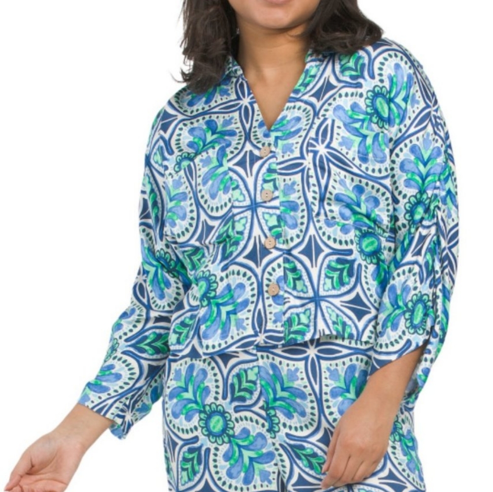 XS NWOT Haute Hippie‎ Style Blue Sateen Rayon Printed Blouse